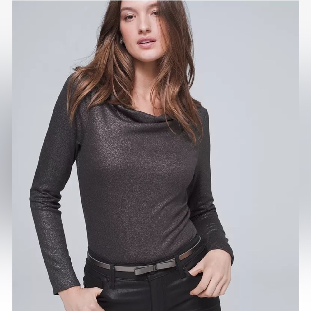 White House Black Market Metallic Drape Neck Top Blouse black silver small NWT